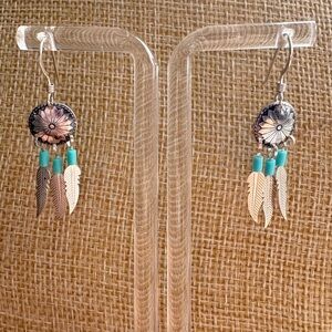 Silver and Turquoise Feather Earrings  - 925 Sterling Silver